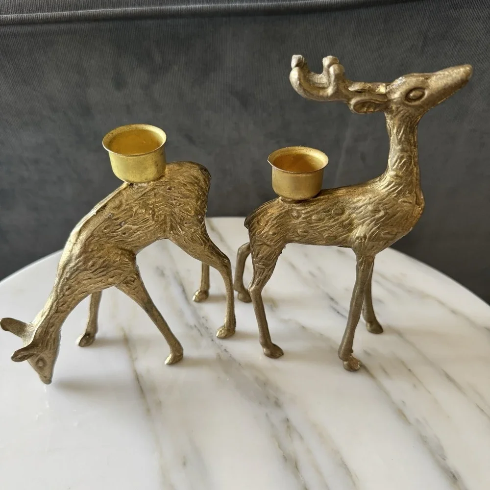 Vintage Pair 2 BRASS Deer Candle Holder Candlestick Buck Doe Reindeer